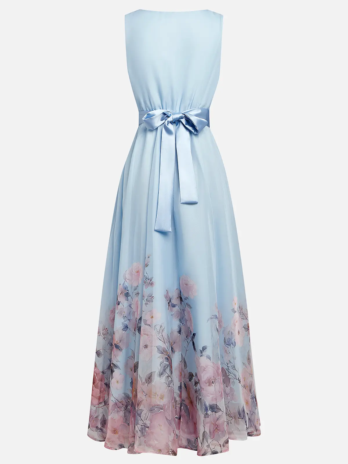 Weitese Dress Light Blue Romantic Floral Chiffon V Neck Sleeveless A-Line Maxi Dress Pleats Prom Dress